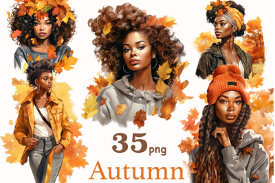 Watercolor Autumn Black Girl Clipart | Fall Graphic Images