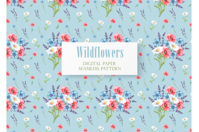 Meadow flowers watercolor digital paper, seamless pattern. Wildflowers