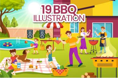 19 Barbecue and Grill Set Vector Illustration