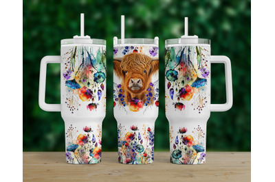 Highland Cow Png 40oz Quencher Wildflowers Tumbler, Sublimation Design