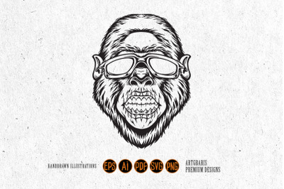 Funky gorilla monkey head with sunglasses logo illustrations monochrom