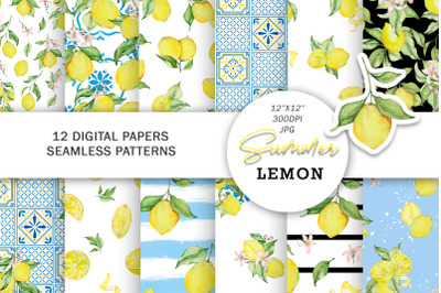 Watercolor Lemon and Italian Tile Digital Paper