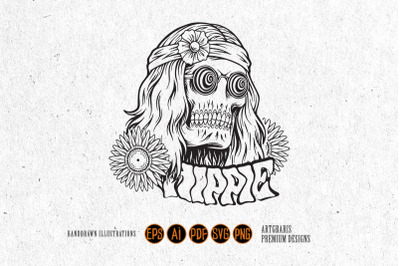 Skull head trippy hippie bohemian style logo illustrations monochrome