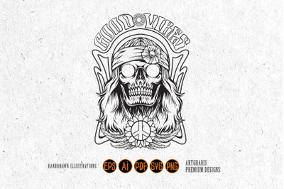 Hippie skull head bohemian style good vibes illustrations monochrome