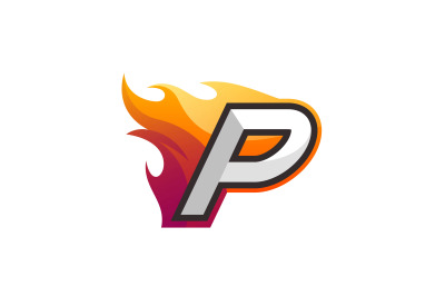 Alphabet P logo with fire flames abstract vector template