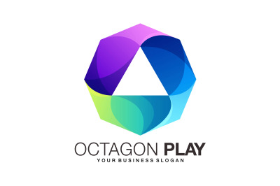 Play button logo in octagon shape gradient color style vector template