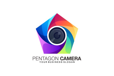 Camera logo design in gradient pentagon style vector template