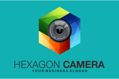 Camera logo design in gradient hexagon style vector template