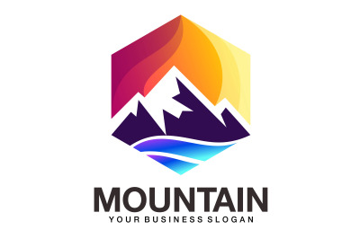 Mountains with river and sunset abstract logo template