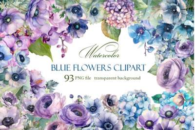 Blue flower. Watercolor clipart collection Bundle