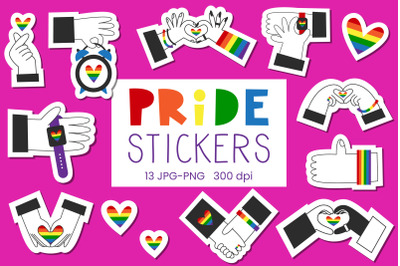 Rainbow stickers with hearts and hands. Happy pride decorations.