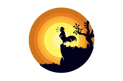 Rooster in sunrise silhouette concept logo vector template