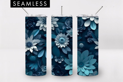 20oz 3D Dark Blue Flowers Skinny Tumbler PNG Sublimation