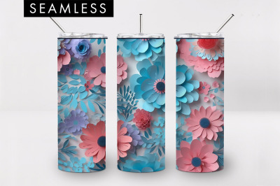 20oz 3D Pink And Blue Flower Skinny Tumbler PNG Sublimation