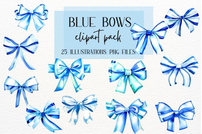 Watercolor Bows Illustrations, Blue Watercolor Bow Clipart