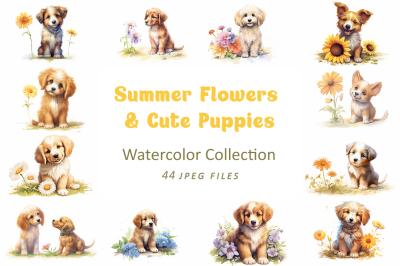 Summer Flower and Cute Puppies