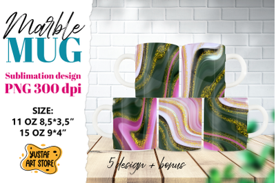 Pink green marble sublimation mug wrap bundle. Fluid art PNG