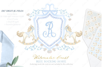 Blue Rocking Horse Newborn Boy Family Watercolor Crest DIY