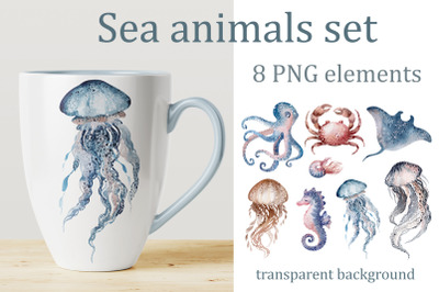 Watercolor set SEA ANIMALS | 8 PNG elements.