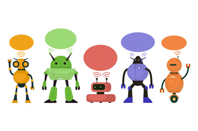 Artificial intelligence concept, set of robots with chat bubbles. Cart