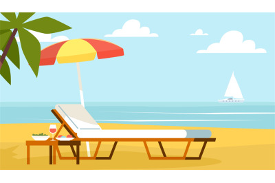 Beach scenery with beach umbrella, sun lounger, cocktail table. Cartoo