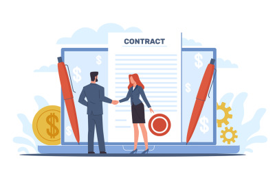 Businessmen man and woman sign contract, formal agreement. Tiny people