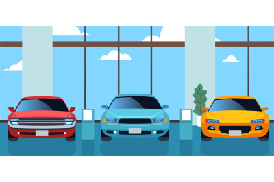 Car showroom with new modern cars. Automotive shop interior&2C; cartoon f