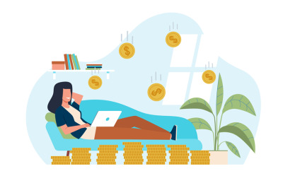 Passive income, woman resting on couch waiting for money to come in. I