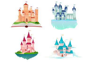 Fantastic castles, fairy tale palaces with towers with flags on books