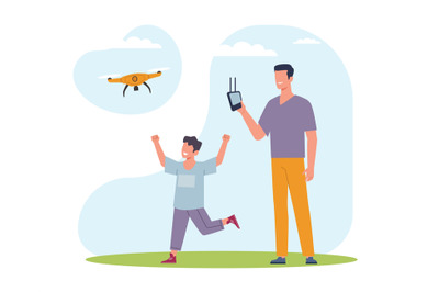 Father and son launch drone in wild. Outdoor recreation leisure for fa