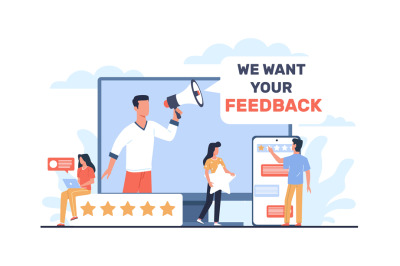 Feedback concept, man with loudspeaker asks customers to leave feedbac