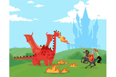 Knight Rider fights huge dragon near castle of ancient kingdom. Warrio