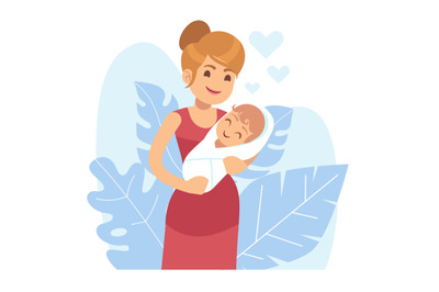 Loving mother with newborn baby in her arms. Happy woman with child. P