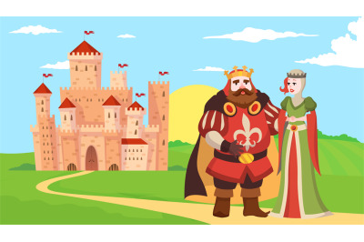 Medieval castle with king and queen. Fairy tale palaces with towers an