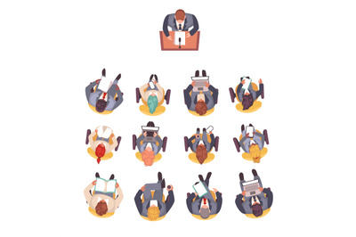 Men and women sitting in seminar or meeting, top view cartoon flat iso