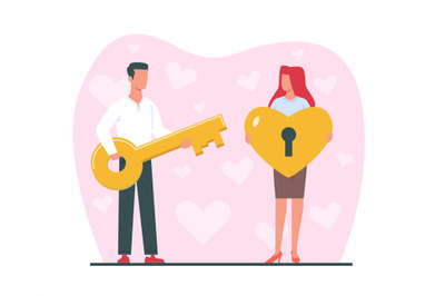 Metaphor for love, man holding golden key to woman heart lock. Romanti