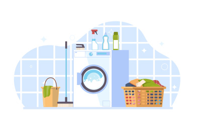 Modern laundry room with washing machine, basket with dirty clothes an