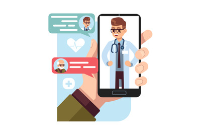 Online consultation of an old man with doctor&2C; smartphone with man on