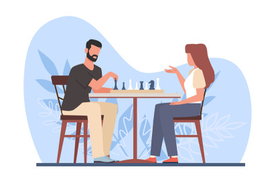 Pair of man and woman playing chess at table. Sport tournament, intell