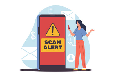 Scam alert, cell phone message. Huge smartphone screen, persistent cal