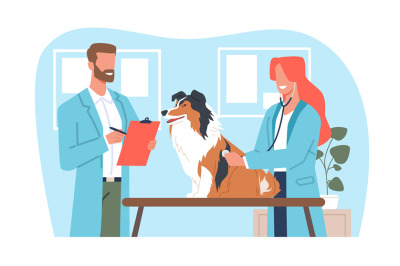 Veterinarians man and woman&2C; employees of veterinary clinic with dog.