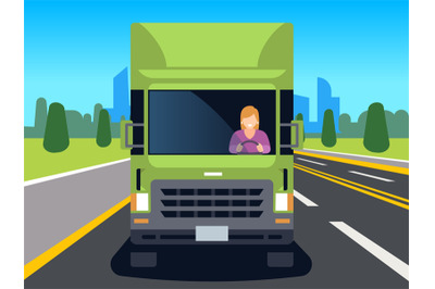 Woman behind wheel of truck driving on freeway. Female character drive