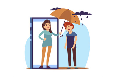 Woman holds umbrella over her distraught friend from her cell phone sc