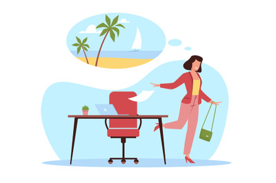 Woman runs away from office with dreams of vacation to sea. Office int