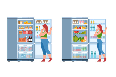 Fat girl and slim girl choose different products in fridge. Healthy an