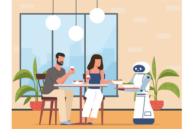 Robot serves food in restaurant or cafe to satisfied customers. Future