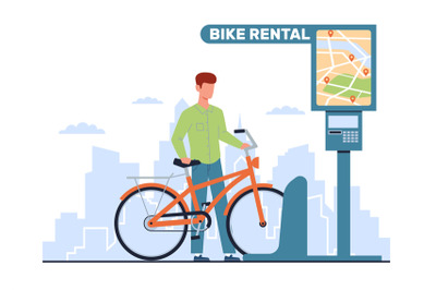 Bicycle rental service, guy rents bike. Bike parking. Ecological urban