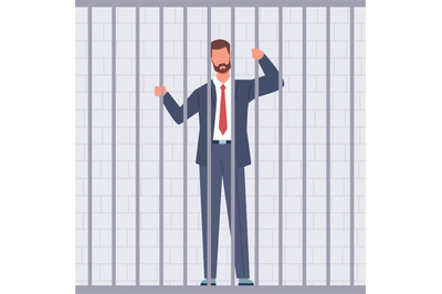 Businessman in cell in prison, man behind bars or in jail. Standing in