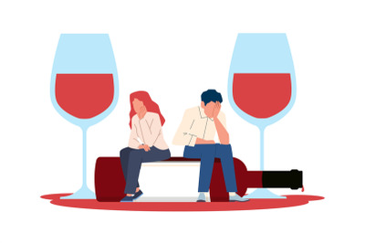 Concept of alcohol addiction, man and woman sitting on bottle of wine.