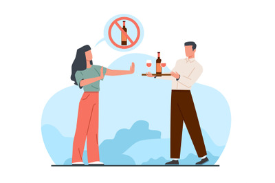 Concept of quitting bad habits, girl against drinking alcohol. Stop ha